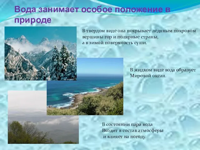 Вода занимает особое положение в природе В твердом виде она покрывает ледяным