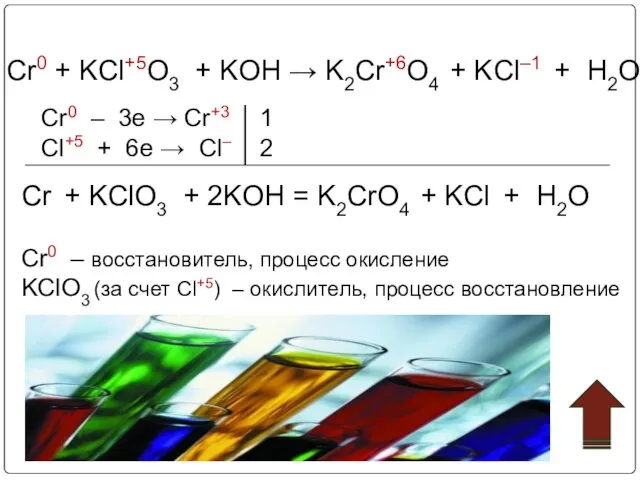 Cr0 + KCl+5O3 + KOH → K2Cr+6O4 + KCl–1 + H2O Cr0