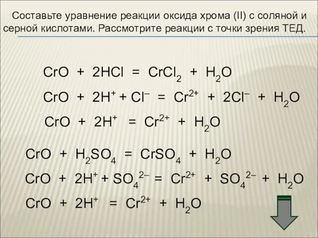 Составьте уравнение реакции оксида хрома (II) с соляной и серной кислотами. Рассмотрите