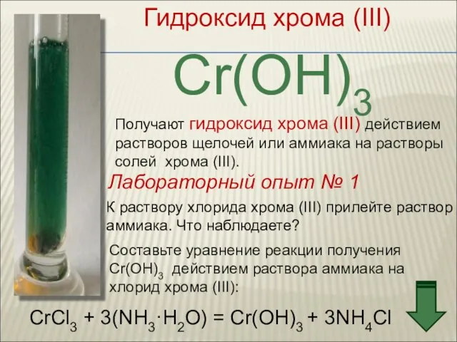 Гидроксид хрома (III) Cr(OH)3 Получают гидроксид хрома (III) действием растворов щелочей или