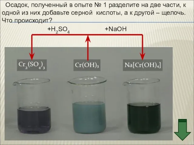 +H2SO4 +NaOH Осадок, полученный в опыте № 1 разделите на две части,