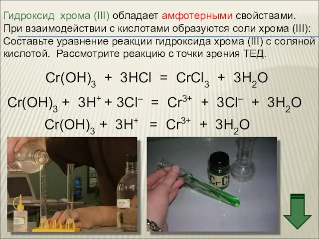Гидроксид хрома (III) обладает амфотерными свойствами. При взаимодействии с кислотами образуются соли
