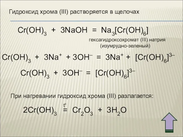 Cr(OH)3 + 3NaOH = Na3[Cr(OH)6] Cr(OH)3 + 3Na+ + 3OH– = 3Na+