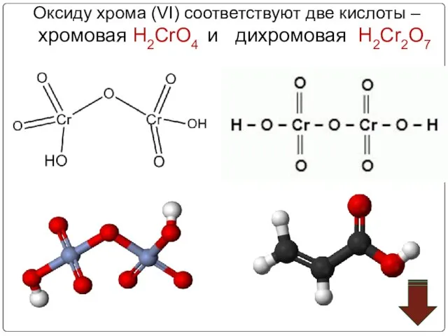 Оксиду хрома (VI) соответствуют две кислоты – хромовая Н2CrO4 и дихромовая Н2Cr2O7