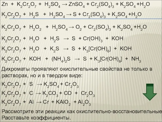 Zn + K2Cr2O7 + H2SO4 → ZnSO4 + Cr2(SO4)3 + K2SO4 +H2O