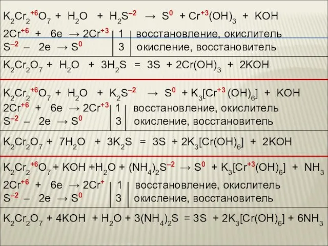 K2Cr2+6O7 + H2O + H2S–2 → S0 + Cr+3(OH)3 + KOH K2Cr2+6O7