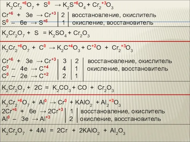 K2Cr2+6O7 + S0 → K2S+6O4 + Cr2+3O3 K2Cr2O7 + S = K2SO4