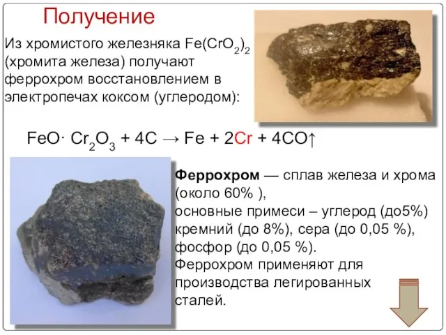 Получение Из хромистого железняка Fe(CrO2)2 (хромита железа) получают феррохром восстановлением в электропечах