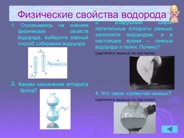 Физические свойства водорода 1. Основываясь на знаниях физических свойств водорода, выберите верный