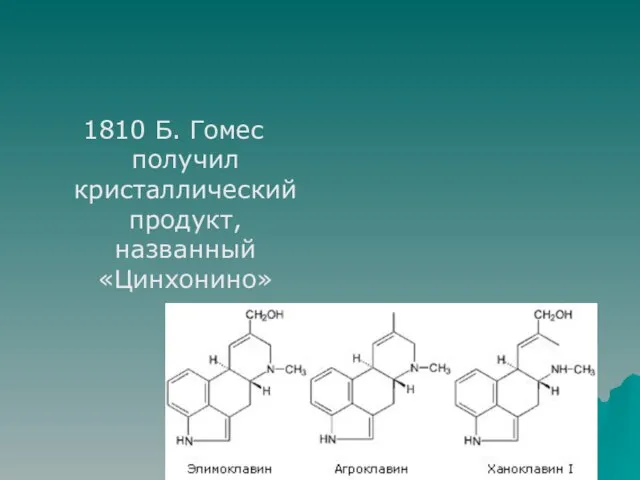 1810 Б. Гомес получил кристаллический продукт, названный «Цинхонино»