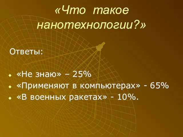 «Что такое нанотехнологии?» Ответы: «Не знаю» – 25% «Применяют в компьютерах» -