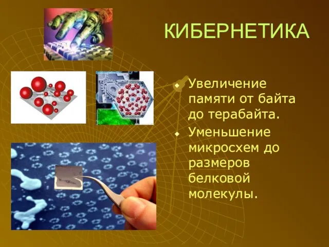 КИБЕРНЕТИКА Увеличение памяти от байта до терабайта. Уменьшение микросхем до размеров белковой молекулы.