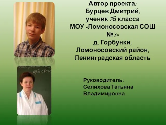 Автор проекта: Бурцев Дмитрий, ученик 7б класса МОУ «Ломоносовская СОШ №3» д.