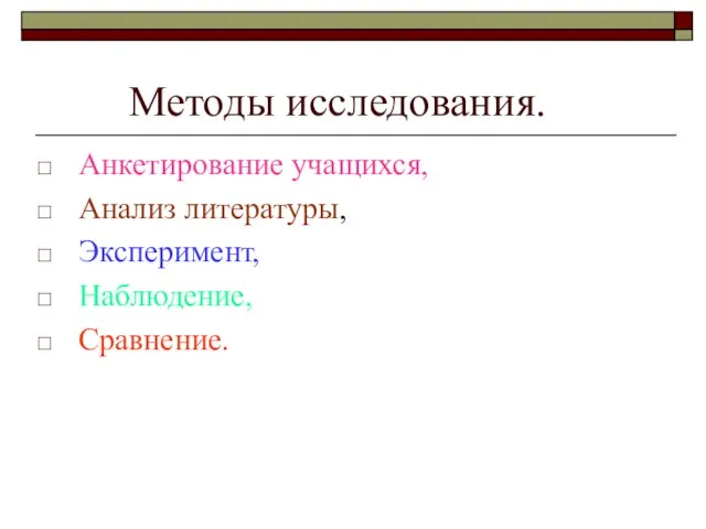 Методы исследования. Анкетирование учащихся, Анализ литературы, Эксперимент, Наблюдение, Сравнение.