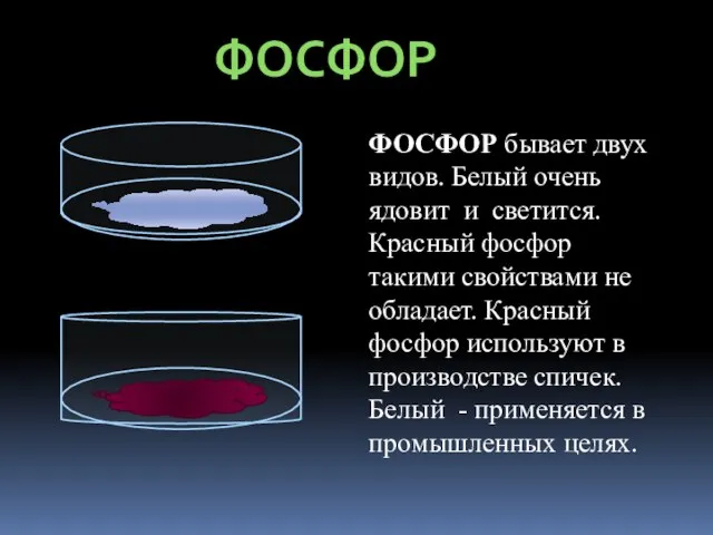 ФОСФОР ФОСФОР бывает двух видов. Белый очень ядовит и светится. Красный фосфор