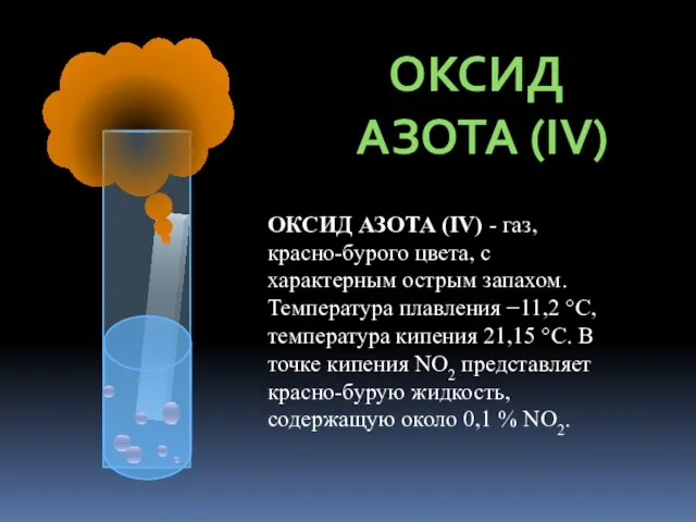 ОКСИД АЗОТА (IV) ОКСИД АЗОТА (IV) - газ, красно-бурого цвета, с характерным