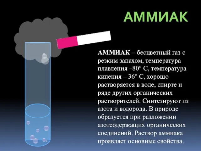 АММИАК АММИАК – бесцветный газ с резким запахом, температура плавления –80° С,