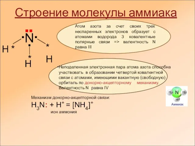 Строение молекулы аммиака ▪ ▪ ▪ Н * * *Н Н │