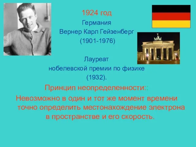 1924 год Германия Вернер Карл Гейзенберг (1901-1976) Лауреат нобелевской премии по физике