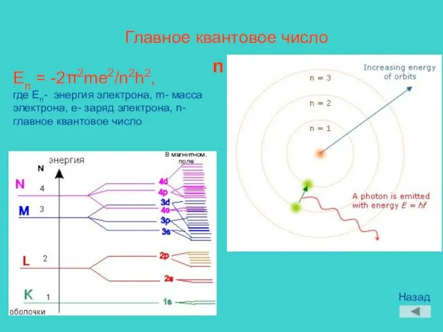 Главное квантовое число n En = -2π2me2/n2h2, где En- энергия электрона, m-