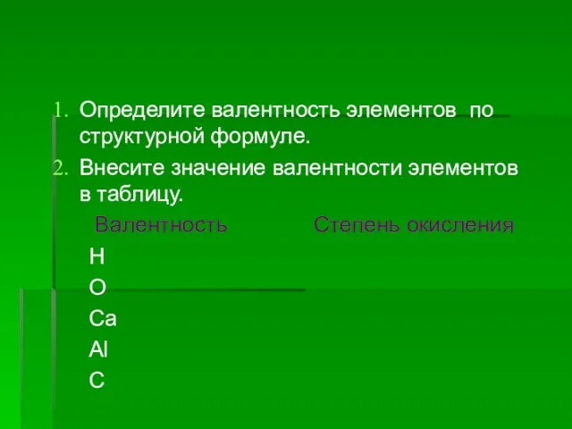 Определите валентность элементов по структурной формуле. Внесите значение валентности элементов в таблицу.