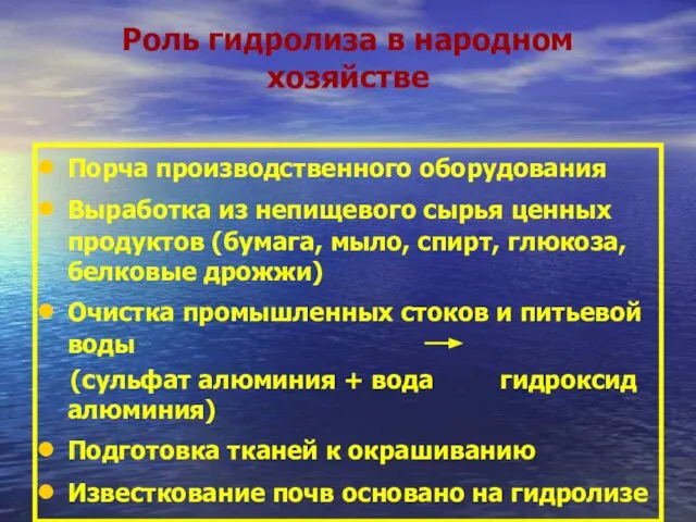 Роль гидролиза в народном хозяйстве Порча производственного оборудования Выработка из непищевого сырья