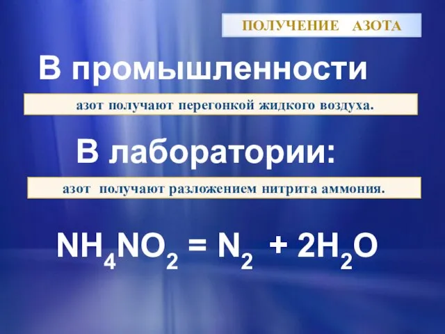 ПОЛУЧЕНИЕ АЗОТА В лаборатории: NH4NO2 = N2 + 2H2O В промышленности