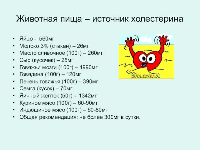 Животная пища – источник холестерина Яйцо - 560мг Молоко 3% (стакан) –