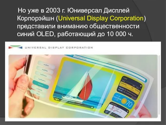 Но уже в 2003 г. Юниверсал Дисплей Корпорэйшн (Universal Display Corporation) представили