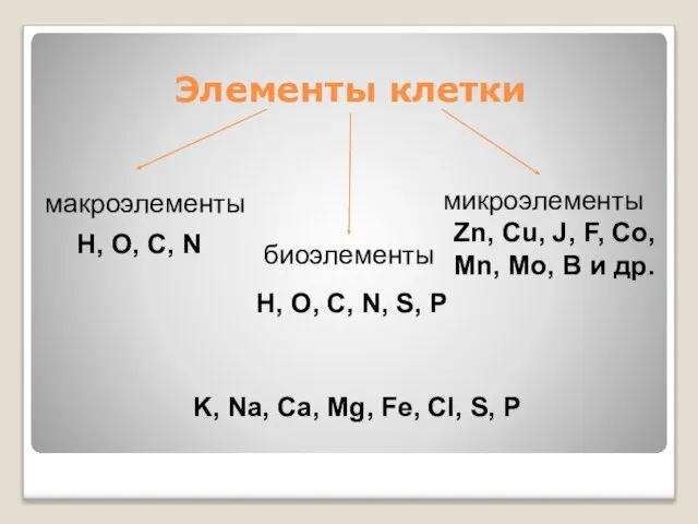 Элементы клетки микроэлементы биоэлементы макроэлементы H, O, C, N H, O, C,