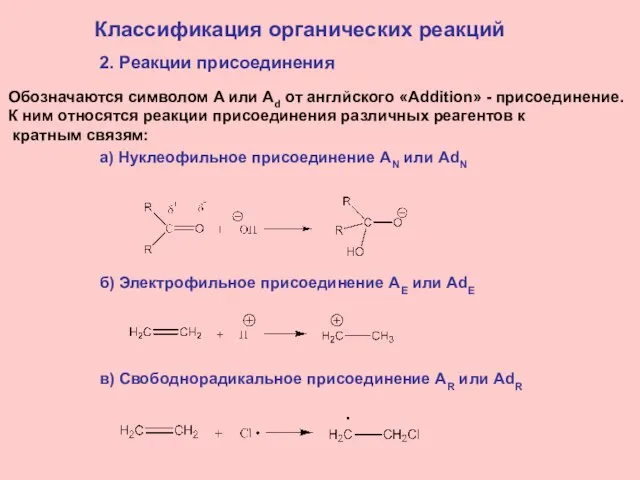 Классификация органических реакций 2. Реакции присоединения Обозначаются символом A или Ad от