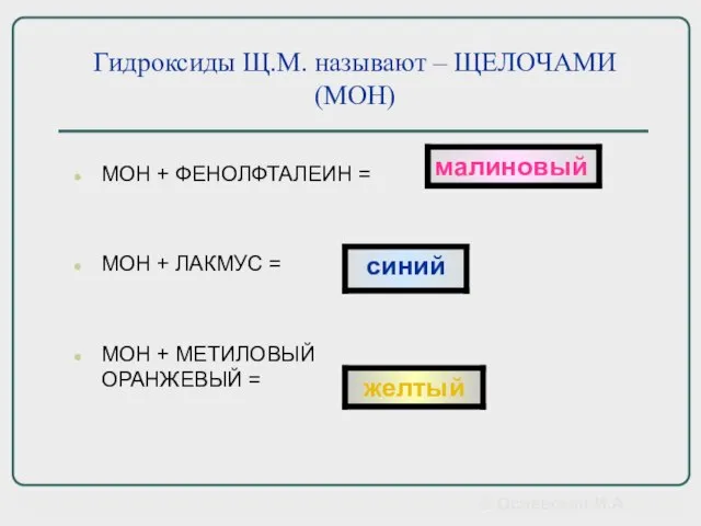 Гидроксиды Щ.М. называют – ЩЕЛОЧАМИ (МОН) МОН + ФЕНОЛФТАЛЕИН = МОН +