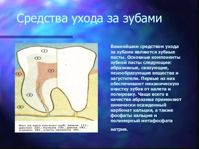 Средства ухода за зубами Важнейшим средством ухода за зубами являются зубные пасты.