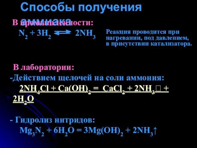 Способы получения аммиака В промышленности: N2 + 3H2 2NH3 Реакция проводится при