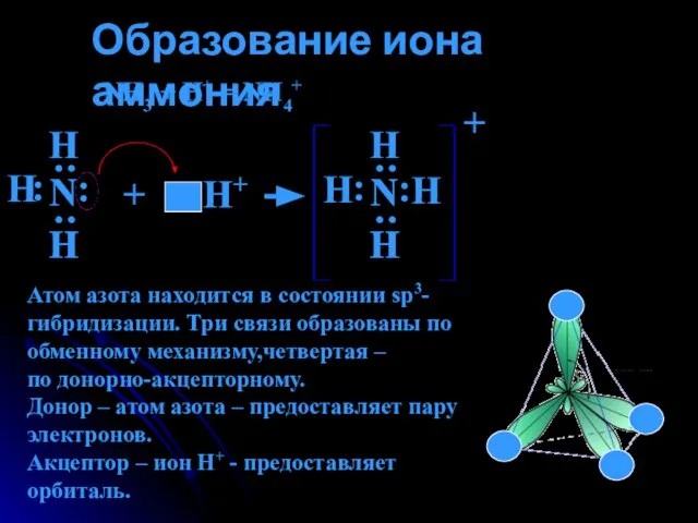 Образование иона аммония NH3 + H+ = NH4+ Н : : Н