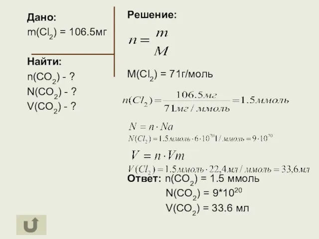 Дано: m(Cl2) = 106.5мг Найти: n(CO2) - ? N(CO2) - ? V(CO2)