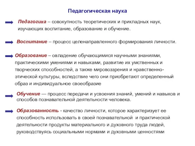 Педагогика – совокупность теоретических и прикладных наук, изучающих воспитание, образование и обучение.