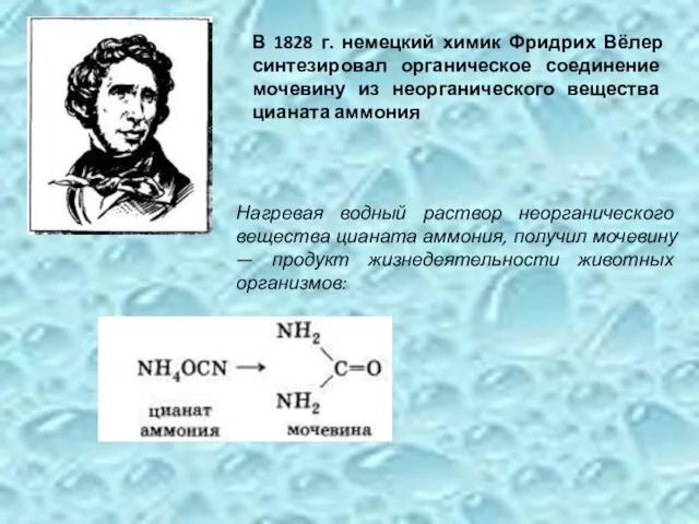 В 1828 г. немецкий химик Фридрих Вёлер синтезировал органическое соединение мочевину из