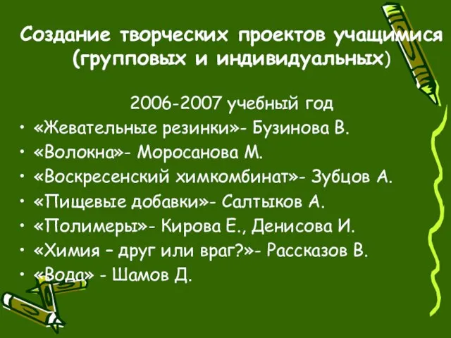 Создание творческих проектов учащимися (групповых и индивидуальных) 2006-2007 учебный год «Жевательные резинки»-