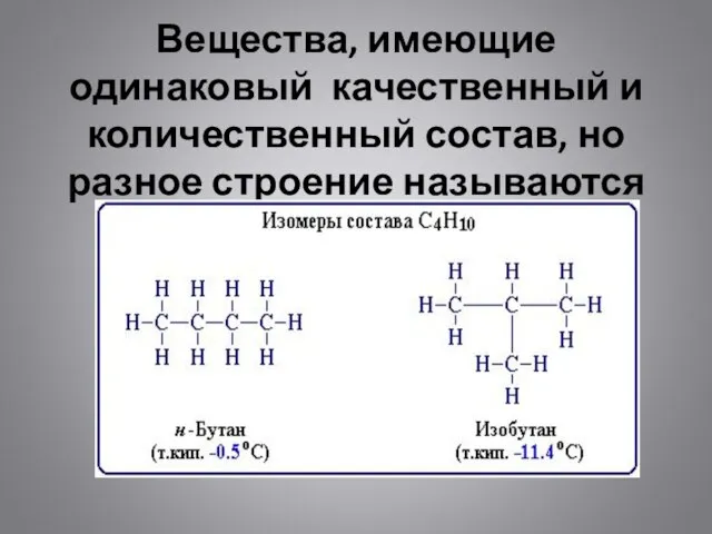 Вещества, имеющие одинаковый качественный и количественный состав, но разное строение называются изомерами