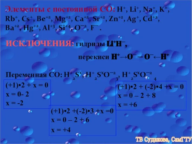 Элементы с постоянной СО: H+, Li+, Na+, K+, Rb+, Cs+, Be+2, Mg+2,