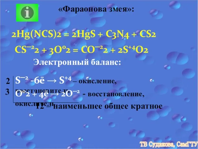 «Фараонова змея»: 2Hg(NCS)2 = 2HgS + C3N4 + CS2 CS─22 + 3O02