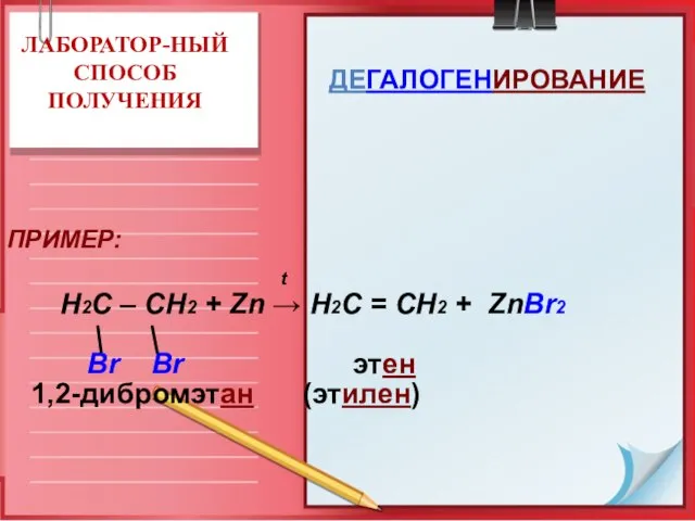 ЛАБОРАТОР-НЫЙ СПОСОБ ПОЛУЧЕНИЯ ПРИМЕР: t Н2С – СН2 + Zn → Н2С