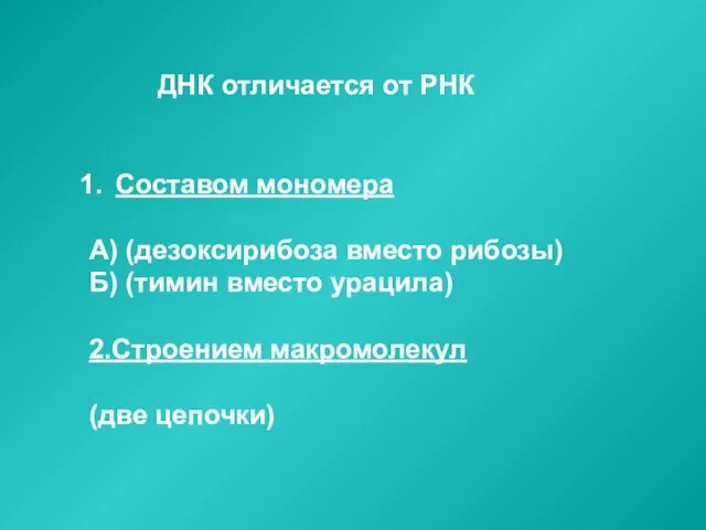 ДНК отличается от РНК Составом мономера А) (дезоксирибоза вместо рибозы) Б) (тимин