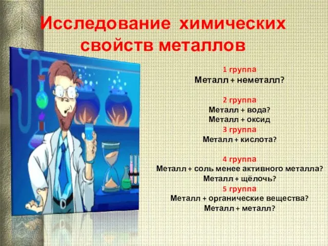 Исследование химических свойств металлов 1 группа Металл + неметалл? 2 группа Металл