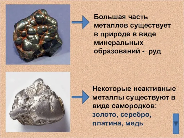 Большая часть металлов существует в природе в виде минеральных образований - руд