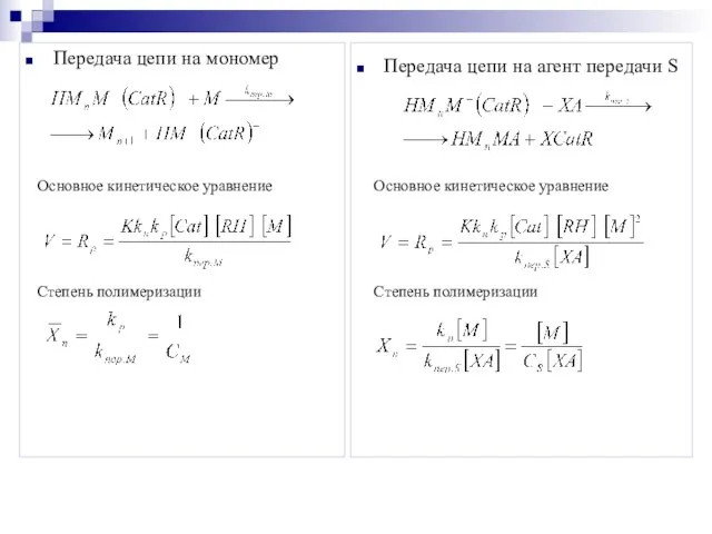 Передача цепи на мономер Передача цепи на агент передачи S Степень полимеризации