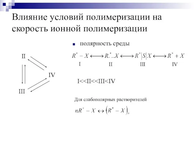 Влияние условий полимеризации на скорость ионной полимеризации полярность среды I Для слабополярных