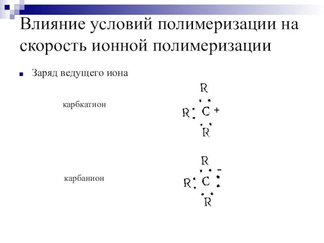 Влияние условий полимеризации на скорость ионной полимеризации Заряд ведущего иона карбкатион + карбанион -