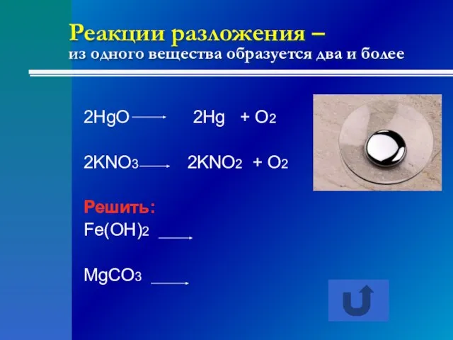 Реакции разложения – из одного вещества образуется два и более 2HgO 2Hg